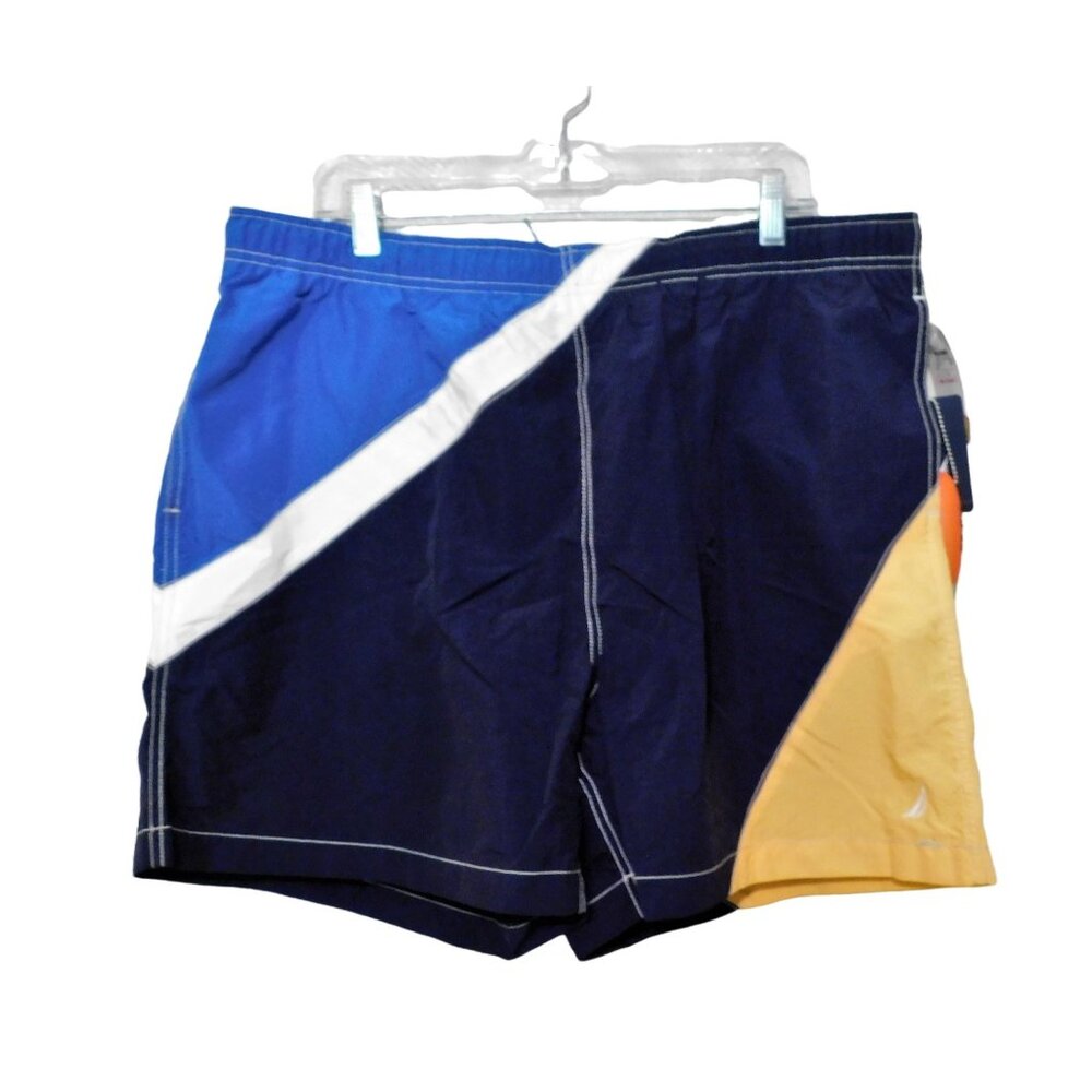 Nautica Swim Shorts XL Blue Yellow Elastic Waist Mesh Lining Drawstring NEW